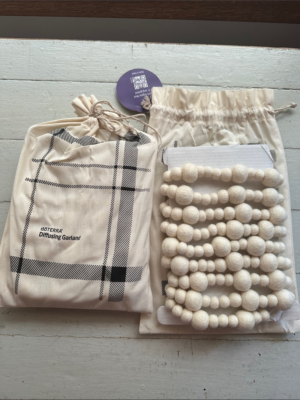 Doterra Cream Felt Bead Diffusing Garland with Plaid Drawstring Bag